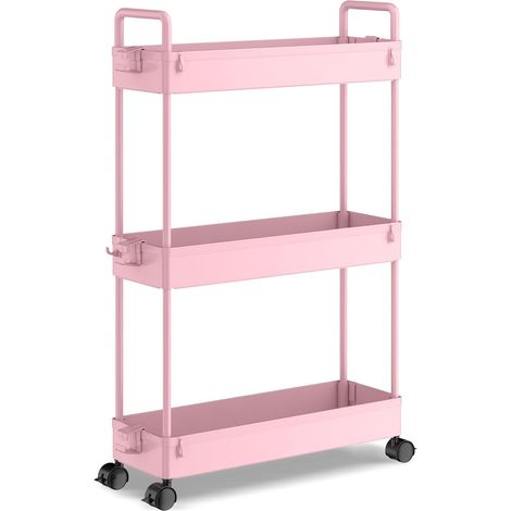 Chariot de rangement 3 niveaux - 1 unité - Plastique rose - Coulissant étroit avec roulettes - Cuisine salle de bain - 13x40x72 cm (1/5)
