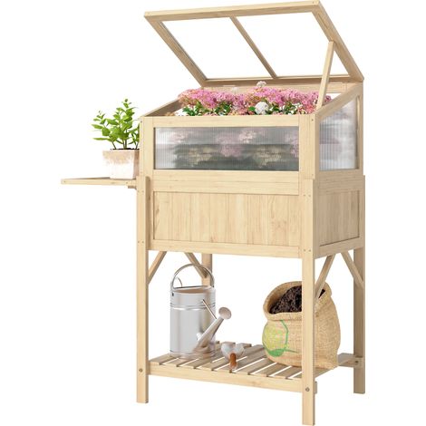 Carré potager sur pieds avec serre, jardinière surélevée, table latérale pliante et étagère, 104x50x120cm, bois naturel