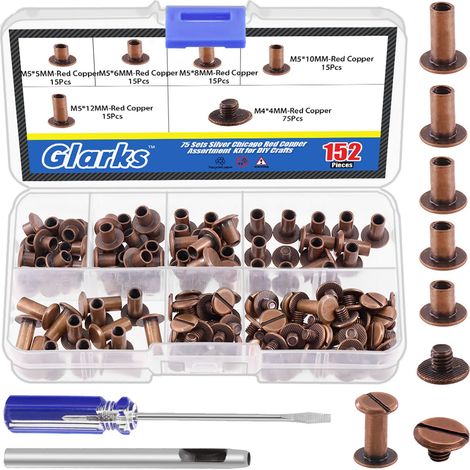 Lot de 150 vis Chicago rouges en bronze assorti, M5 x 5 mm, 6 mm, 8 mm, 10 mm, 12 mm et vis à tête plate de 4 x 4 mm, rivets à clous Chicago (1/5)