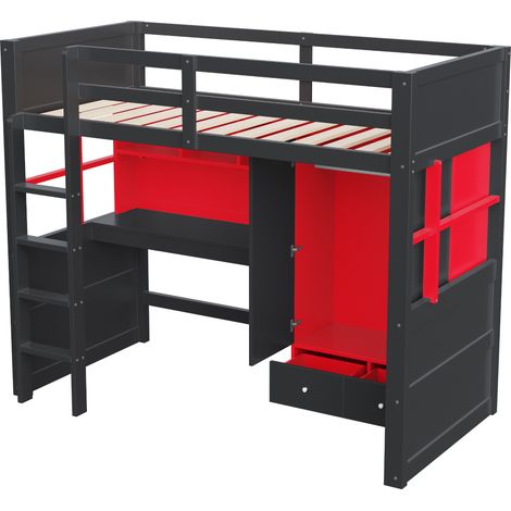 Cama alta 90 x 200 cm con escritorio, armario, cajones y LED, negro y rojo (1/5)