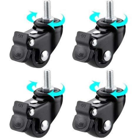 Lot de 4 roues pivotantes pour chariot, roulettes de remplacement robustes pour meubles, avec frein blocable – Roues noires, M6 (1/5)