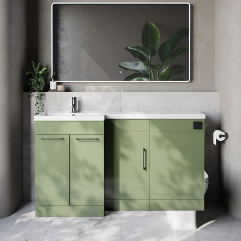 Napoli 390 Olive Green 1500mm 3 Door Vanity Unit Toilet Suite with Left Hand Square Lucia Basin - 1500mm - Gunmetal Grey 160mm HandleWithout Kingston Toilet Pan