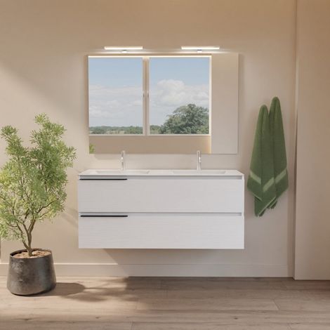 Mobile Bagno Sospeso 120 Cm Con Doppio Cassetto, Lavabo Ceramica E Specchio Berlin (1/5)