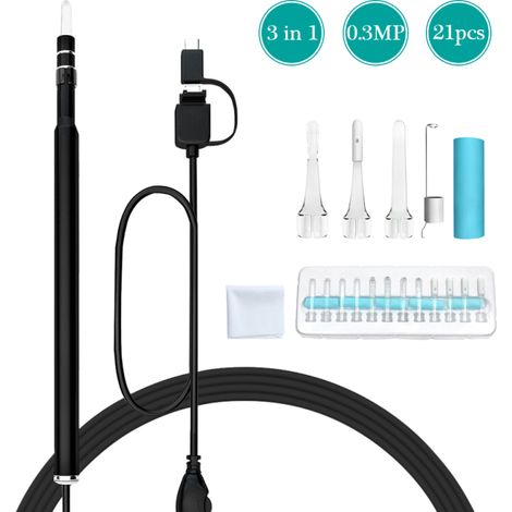Outil de nettoyage auriculaire 3-en-1 USB avec endoscope, lumière LED, caméra 0,3 MP, cure-oreilles, compatible Android, micro USB et PC (OTG) (1/5)