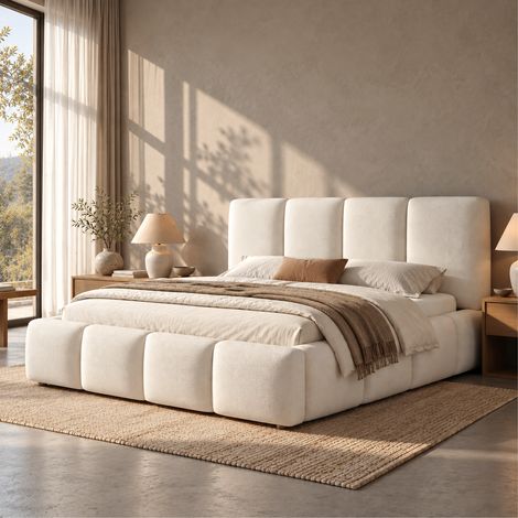 Letto contenitore 180x200 cm con rete a doghe e testiera bouclé bianca DESVIAE (1/5)