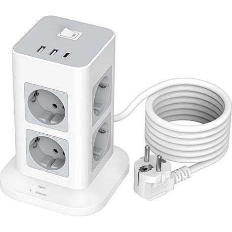 Multiprise Prise Multiples - 8 Prises + 2 USB A + 1 USB C - Protection Antisurtension 1700 J - Puissance Max 3600 W - Câble Extension 2 m - Gris