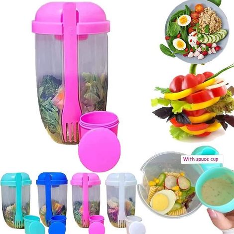 Tasse de service à salade - Rose - 1000ml - Portable - Matériau PP - Avec fourchette et vinaigrette (1/4)