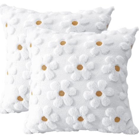 Juego de 2 fundas de cojín decorativas de terciopelo de lana suave y afelpada para primavera/verano, estilo lujoso para sofá/dormitorio - Flores blancas, 50 x 50 cm (1/5)