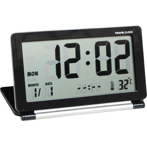 Horloge de bureau pliable et portable noire avec calendrier perpétuel LED, alarme de voyage et alarme extérieure. (1/5)