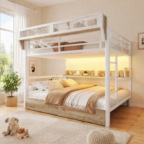 Lit superposé 140x200 avec rangements LED blanc HAVRYA (1/5)