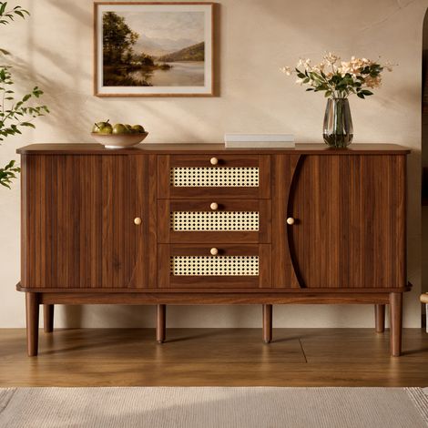 Buffet 141x40x77 cm, 3 tiroirs en rotin tressé, portes coulissantes, étagères réglables, commode pour salon et chambre, Noyer