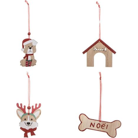 Paris Prix - Lot De 4 Sujets De Noël chien 12cm Beige & Rouge (1/5)