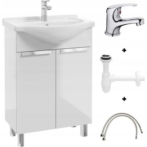Set aus weißem Waschtischunterschrank mit Waschbecken, verchromter Armatur und Siphon 60x85 cm Lily