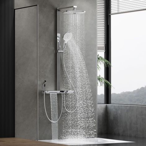 Colonne de douche thermostatique HOROW - Système de douche avec tête pluie 30 x 20 cm, douchette et sortie cascade (1/5)
