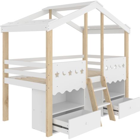 GagaGagaLit cabane semi-haut 90x200 cm LED tiroirs sans matelas blanc naturel (1/5)