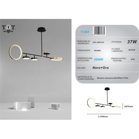 Lampadario a sospensione led 37w con 5 cerchi orizzontale nero oro luce bianca naturale design moderno per camera salotto Bianco freddo