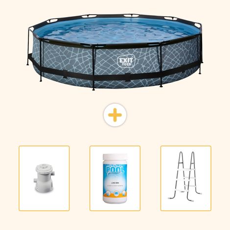 Exit Toys – Piscine hors sol ronde effet pierre 360x76 cm – Structure en acier thermolaqué – Pompe filtration 1136L/h incluse – Échelle et désinfectant Pool Power (1/5)
