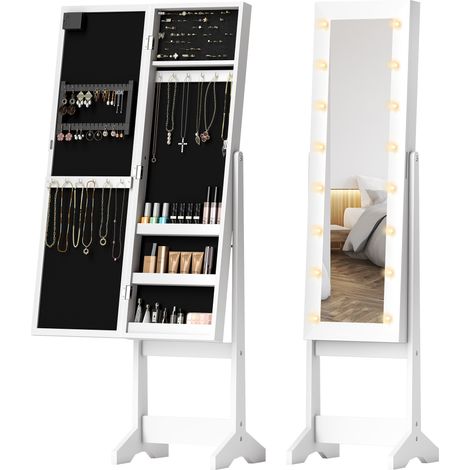 Armoire à Bijoux sur Pieds Boîte à Bijoux Miroir Multi-Rangements Éclairage LED Blanc
