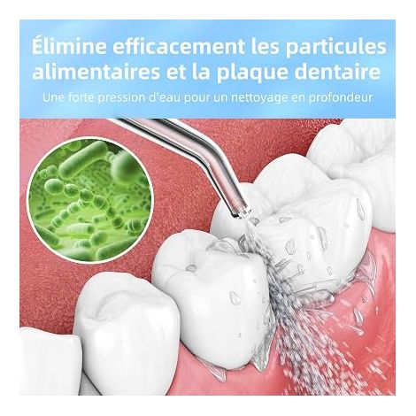 Jet Dentaire Hydropulseur Portable, Jet Dentaire Sans Fil Rechargeable avec 5 Mode set 6 Buses Capacité de 300 ML IPX7 Étanche Pour La Maison et Les Voyages Mm (1/4)