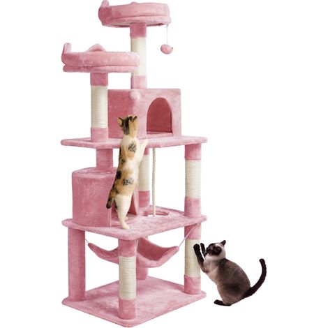 Yaheetech Tiragraffi Albero per Gatti Adulti 61 x 49 x 158 cm con Giocattolo per Gatto 2 Palle Cuccia Graffiatoio in Corda Sisal Naturale Rosa (1/5)
