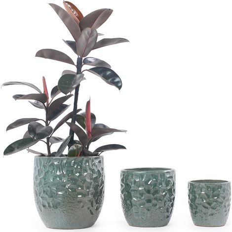 Vaso singolo in ceramica di piccole dimensioni, Ø22,5 cm, verde scuro lucido con rilievo martellato su tutta la superficie, traspirante con foro di drenaggio, ideale per piante grasse di grandi dimens (1/5)
