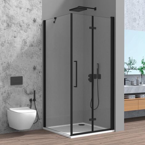 Box doccia angolare a soffietto 80x80 in vetro temperato trasparente con profili nero opaco Neos