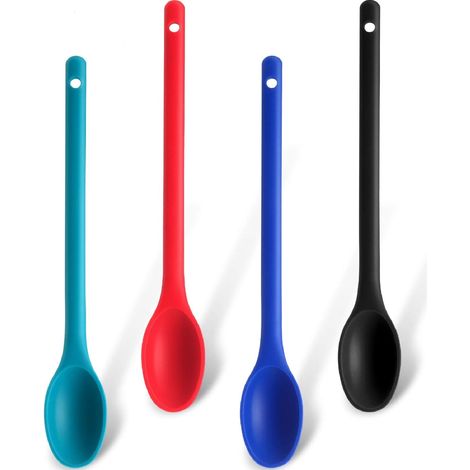 Lot de 4 cuillères à mélanger en silicone, longues et résistantes à la chaleur (noir, rouge, bleu, vert)