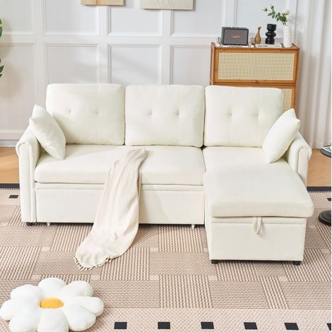 Canapé d’angle 206/130/85 cm en chenille beige avec lit d’appoint, coffre de rangement et montage réversible (1/5)