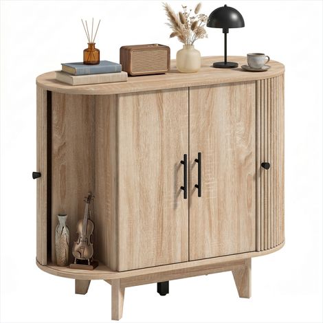 Buffet ovale contemporain 4 portes, étagères ajustables, finition chêne clair et métal noir, 90 x 40 x 76 cm (1/5)