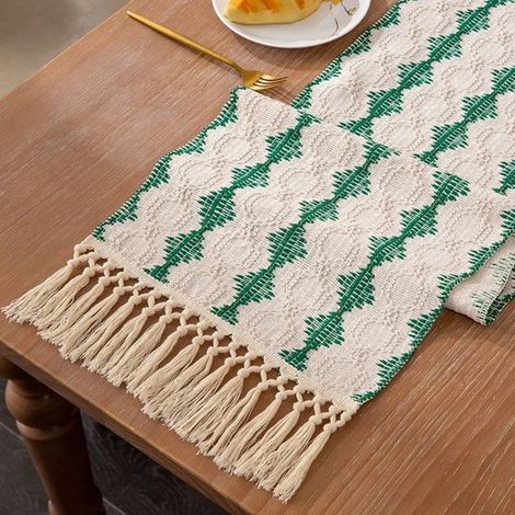 Chemin de table bohème à pompons 35 x 220 cm, style rustique et champêtre, pour table à manger, table d'appoint ou coiffeuse. (1/5)