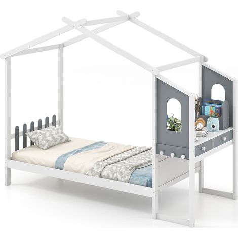 COSTWAY Single House Bed Wood Montessori Bed Frame Playhouse Bed w/Desk (1/5)