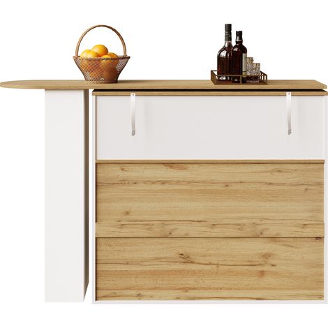 Meuble de bar pivotant 360°, MDF blanc, 138-204 x 39 x 104 cm, avec 2 tiroirs et étagères (1/5)