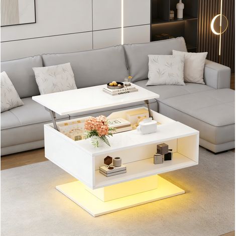 Table basse relevable 80x75x40 cm blanche en panneaux de particules avec LED et rangement (1/5)