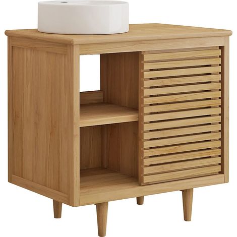 Mobile bagno su piedini in teak con lavabo da appoggio rotondo in ceramica L80 cm - TORAJA (1/5)
