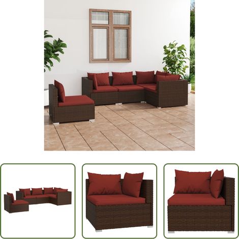 vidaXL Rattan -  5-tlg. Garten-Lounge-Set mit Kissen Poly Rattan Braun (1/5)