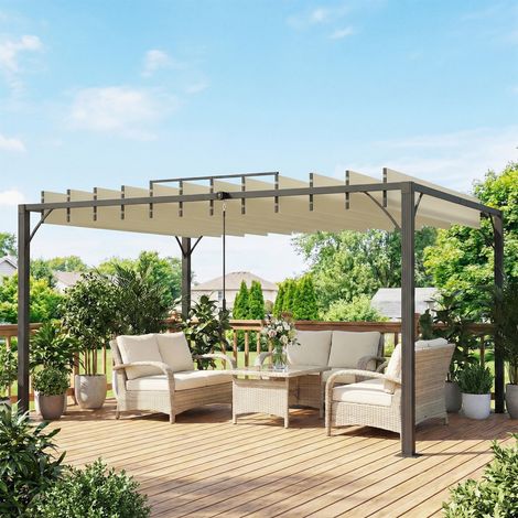 Pérgola de Jardín 3x4 m con Protección UPF30+ Gazebo con Techo Ajustable Estructura de Aluminio para Exterior Crema