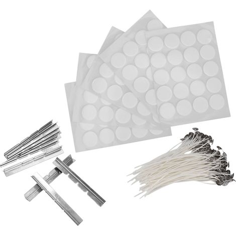 100 mèches de bougie en cire blanche avec support, 100 bandes adhésives double face en mousse, 10 supports de mèche en acier inoxydable (blanc). (1/5)