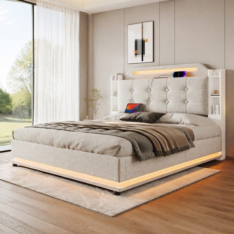 Cama tapizada 140x200 cm con cabecero acolchado, LED, arcón hidráulico, varios compartimentos, USB y USB-C, tela beige, estilo retro para dormitorio moderno - CHICFURN (1/5)
