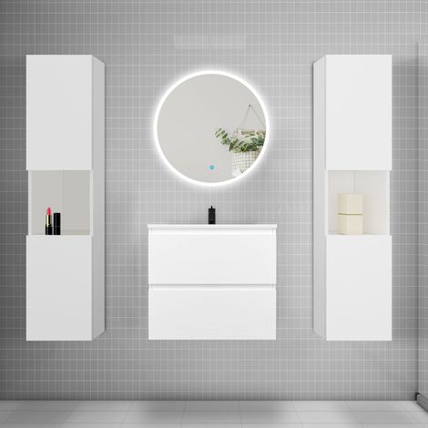 Ensemble meuble vasque L.60cm 2 tiroirs + lavabo + LED miroir rond 60cm + 2colonne,blanc A