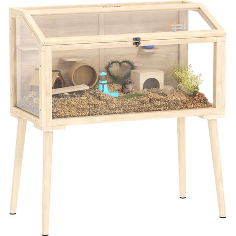 PawHut Wooden Hamster Cage, Gerbils Cage with Openable Top and Seesaws
