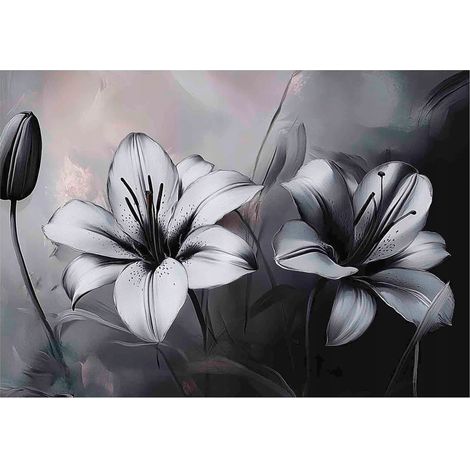 Papier peint mural fleurs 3D noir blanc béton intissé grand format design intérieur salon chambre pas cher 150x105 cm (1/5)