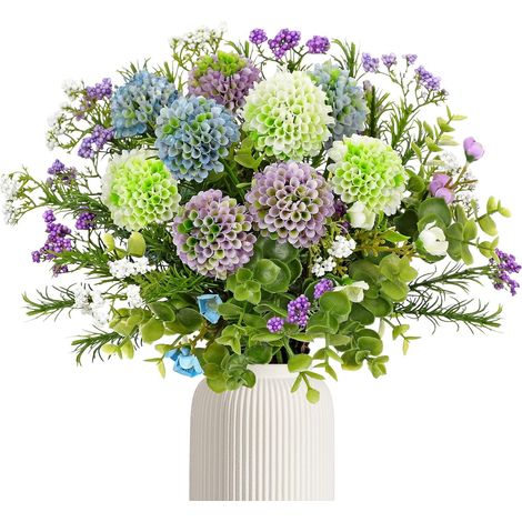Bouquet de fleurs artificielles en soie de 33 cm résistant aux UV avec plante perlée et verdure bleue pour intérieur ou extérieur, décoration de table de printemps (1/5)