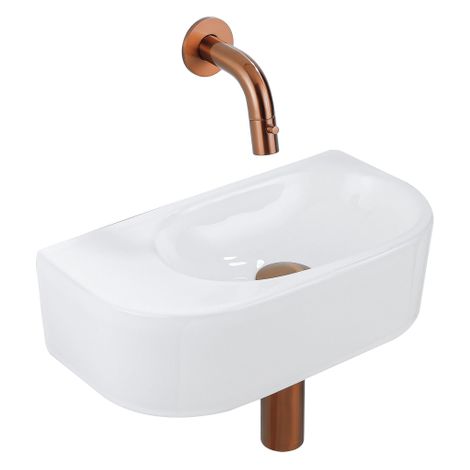 QeramiQ Fuente Ensemble de Lavabo - 40x21.5x12cm - lisse - demi-rond - céramique - ensemble de robinet en cuivre brossé - bouchon de vidange - siphon