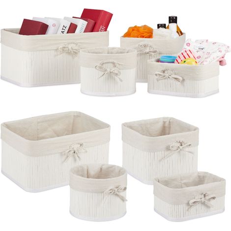 Relaxdays Storage Basket 2x Sets of 4, Bamboo, Fabric Lining, Shelf Organiser in Different Shapes and Sizes, White/Creme (1/5)