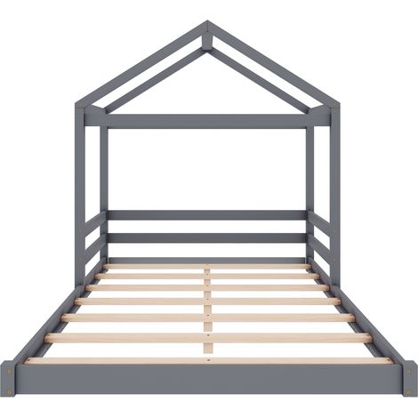 Lit maison, 140 x 200 cm, lit enfant en forme de maison avec sommier à lattes (sans matelas), bois de pin, style minimaliste, gris (1/5)