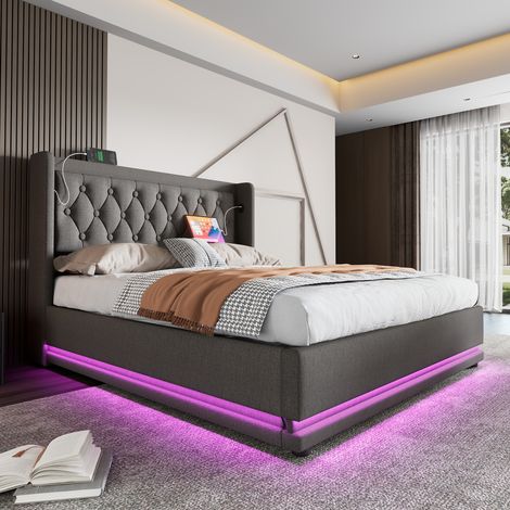 Cama doble 140x200 cm iluminación LED con carga USB Tipo C tejido de algodón gris(Sin colchón) (1/5)