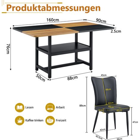 Essgruppe 160×90×76 cm MDF/Metall Braun-Schwarz, 6 Stühle, Ablage (1/5)