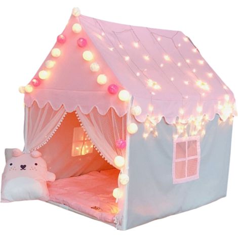 Tente de jeu pour enfants, maison de princesse pour filles, grande tente château de fées pour l'intérieur et l'extérieur, maison de jouets avec rideau de porte et fenêtre à pompons, tente rose