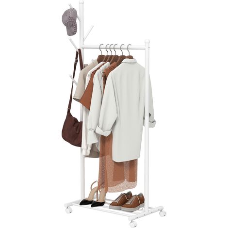Portant à vêtements à roulettes, penderie mobile avec tringle, 5 crochets, étagère à chaussures, blanc