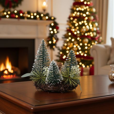 Decorazione da tavolo in miniatura con alberelli innevati (1/4)